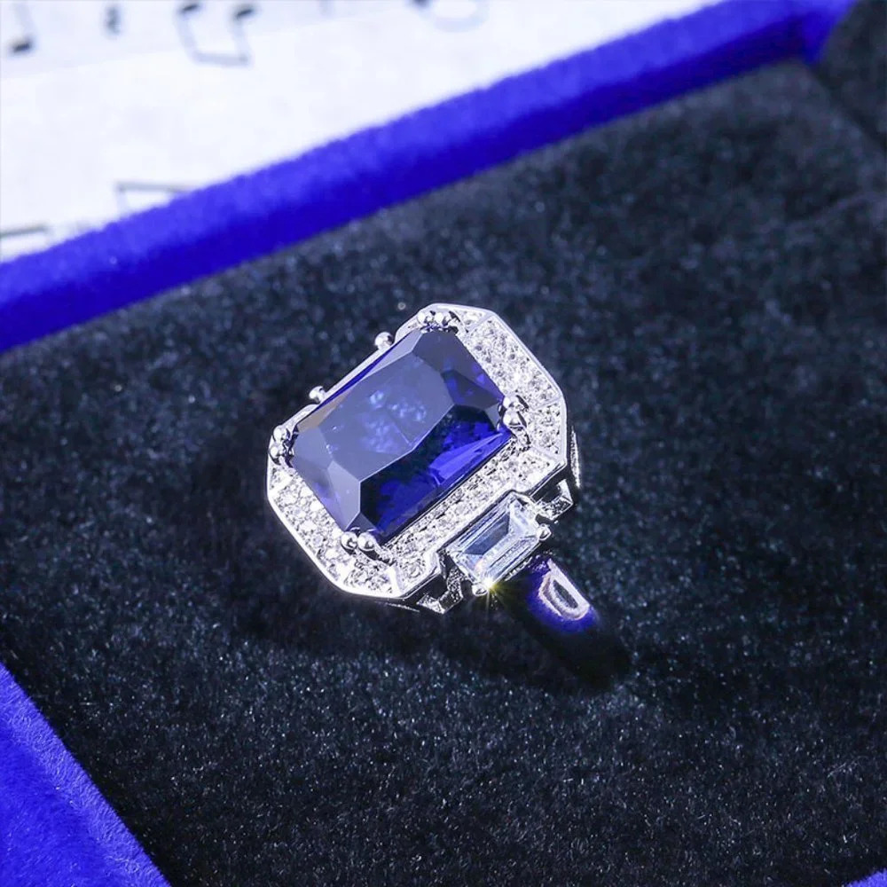 925 Silver Plated Big Blue Cubic Zirconia Ring for Women, MLNN1001